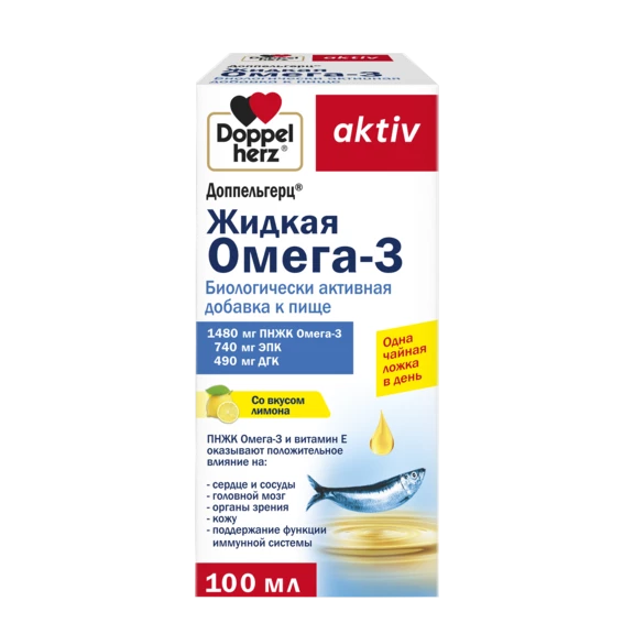 Illustration of the product packaging Doppelherz aktiv Жидкая Омега-3 front view